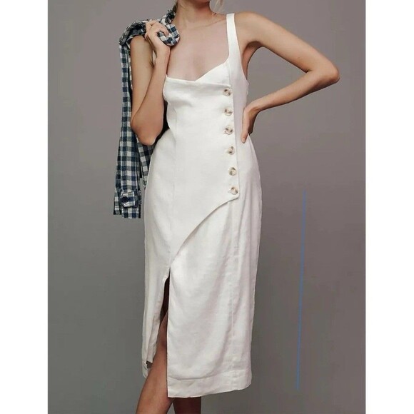 Anthropologie sleeveless square neck linen button wrap midi dress size XL - Picture 2 of 13